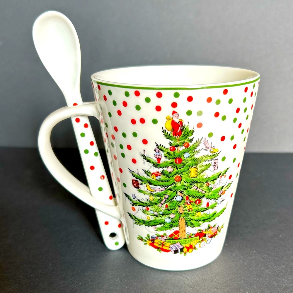 Spode Christmas Tree Mug With Spoon Polka Dot Coffee And Tea 14 Oz Holiday Gift